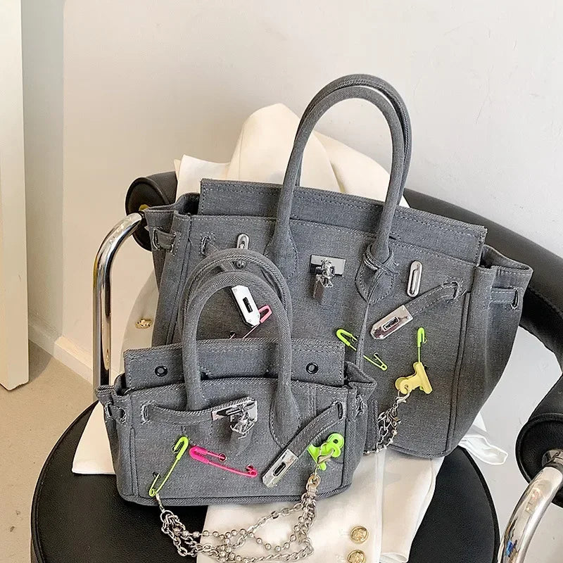 Vintage Denim Handbag  Grey Suede Lock Design - Detailed view