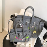Vintage Denim Handbag  Grey Suede Lock Design - Detailed view