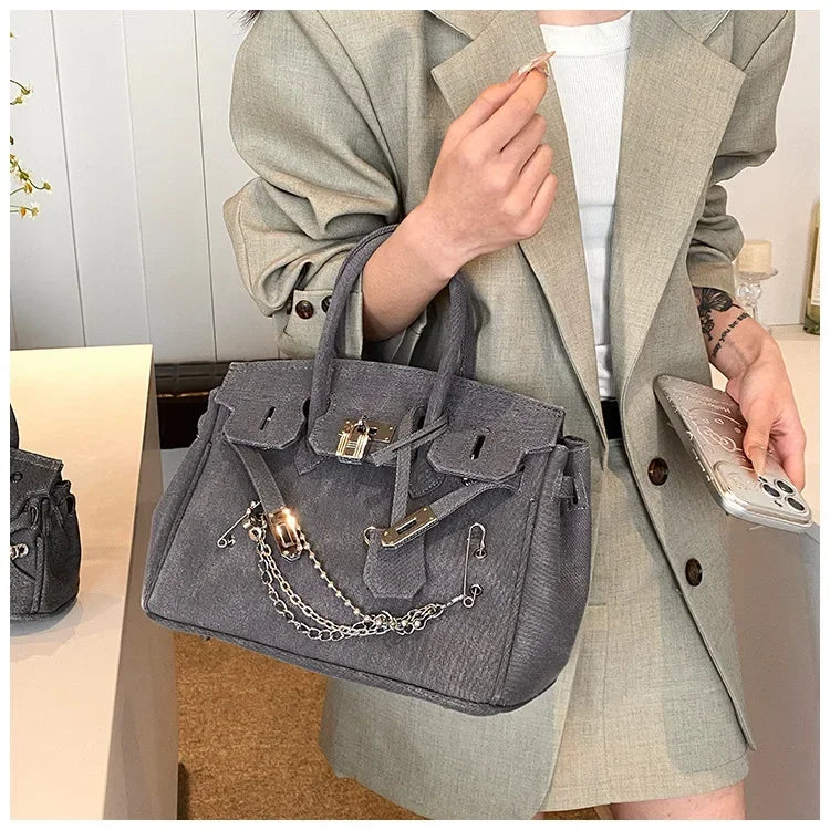 Vintage Denim Handbag  Grey Suede Lock Design - Product example