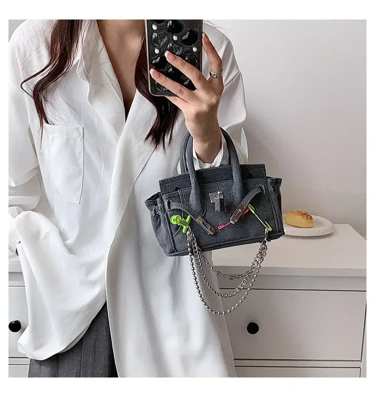 Vintage Denim Handbag  Grey Suede Lock Design - Product detail 4