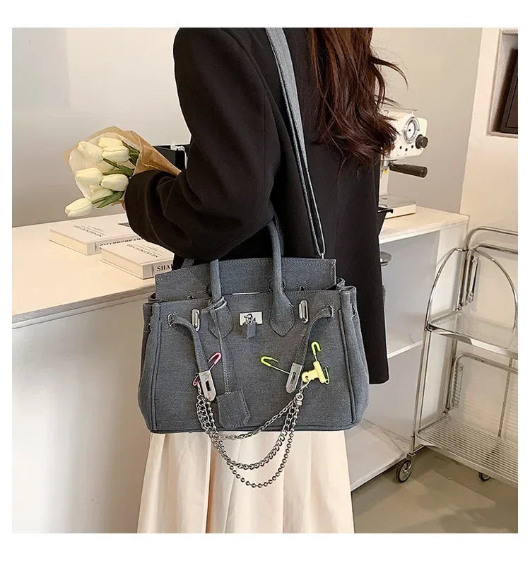 Vintage Denim Handbag  Grey Suede Lock Design - Product detail 6