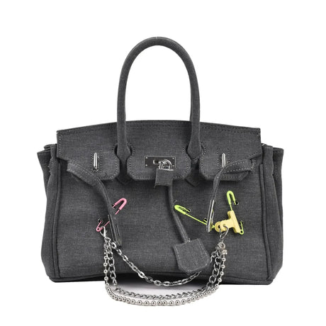 Distressed Denim Shoulder Bag  Vintage Chain Detail Design - Product detail 7