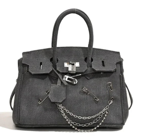 Distressed Denim Shoulder Bag  Vintage Chain Detail Design - Product detail 10