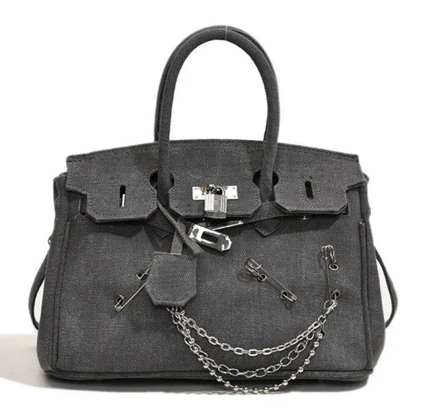 Vintage Denim Handbag  Grey Suede Lock Design - Product detail 10