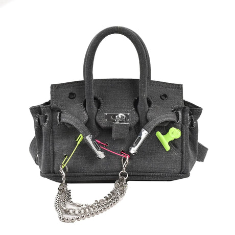 Distressed Denim Shoulder Bag  Vintage Chain Detail Design - Product detail 8