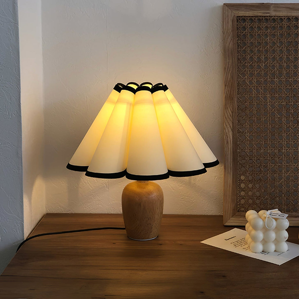 Scandinavian Table Lamp  Pleated Shade With Black Trim - Product example