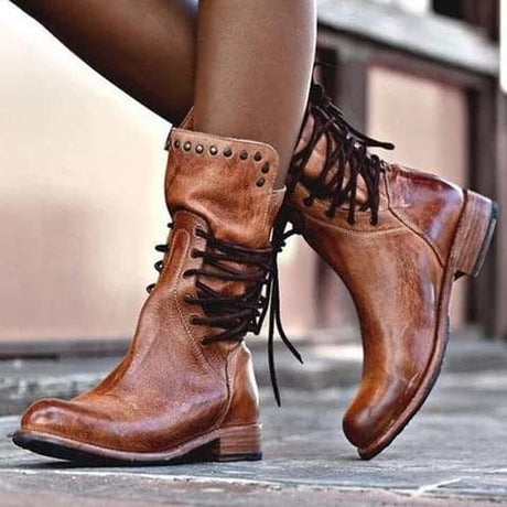 Vintage Leather Boots  Mid-Calf Lace-Up Design With Studded Detail - Product showcase