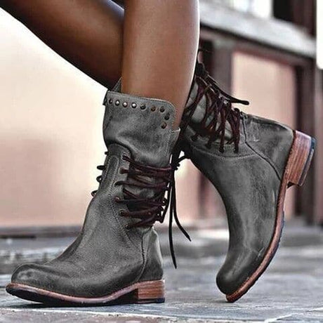 Vintage Leather Boots  Mid-Calf Lace-Up Design With Studded Detail - Detailed view