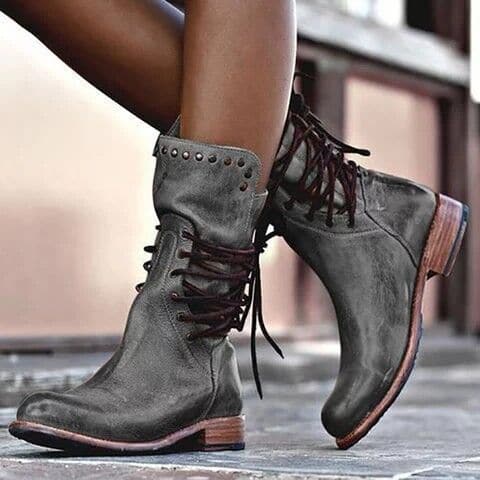 Vintage Leather Boots  Brown Lace-Up Combat Design - Detailed view