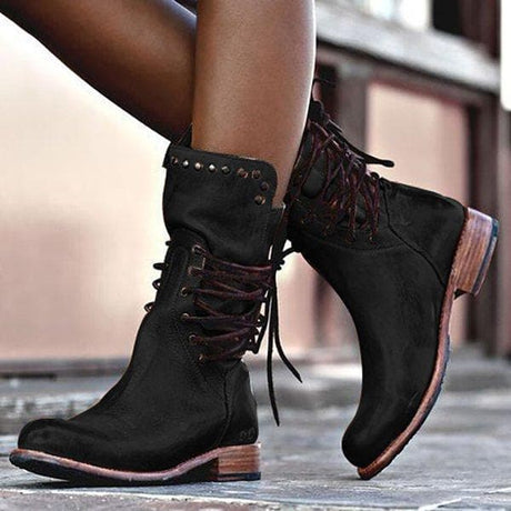 Vintage Leather Boots  Mid-Calf Lace-Up Design With Studded Detail - Product example