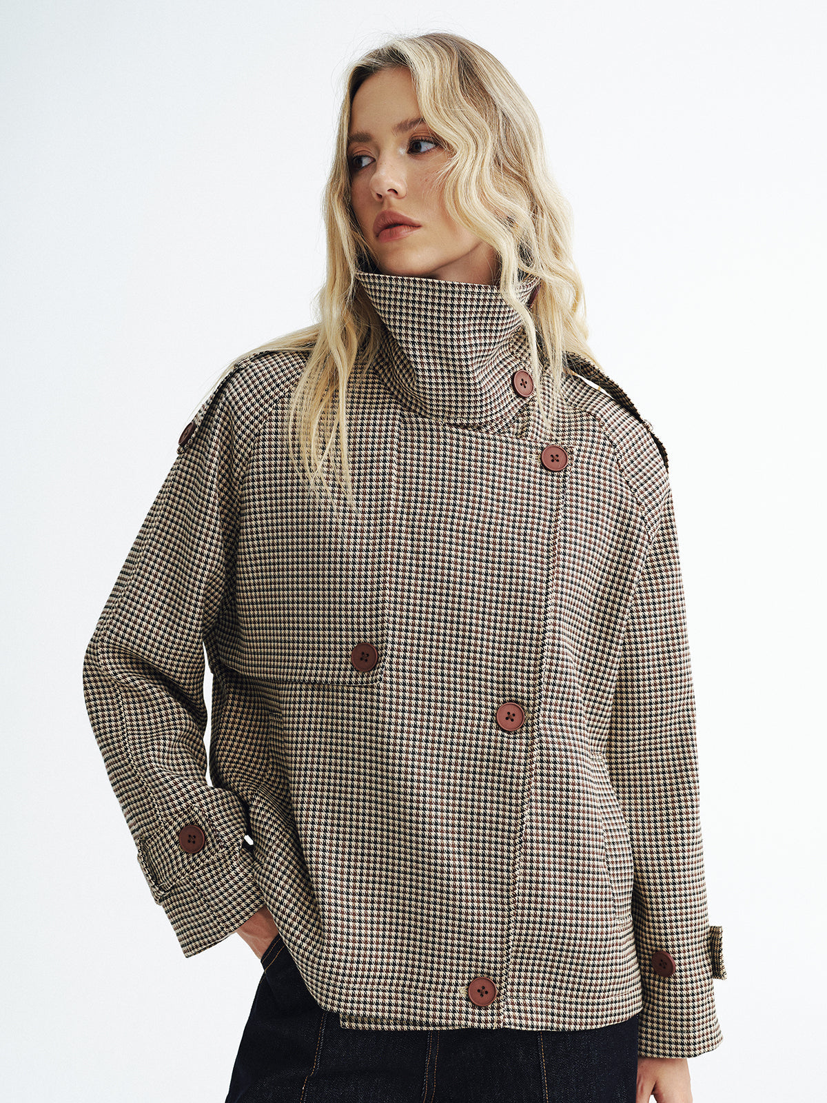 Vintage Plaid Trench Coat  Cropped Double-Breasted Design - Product detail 5