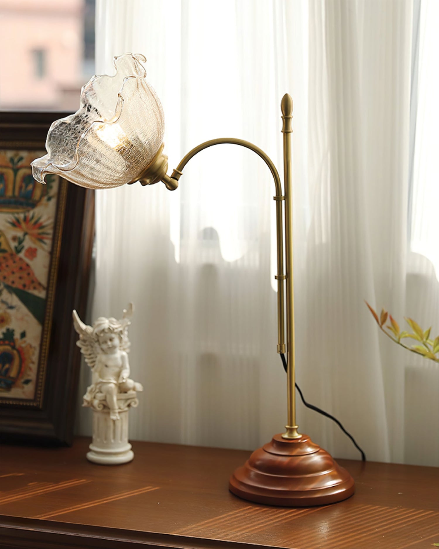 Vintage Table Lamp  Brass Arm With Glass Shade - Product detail 9