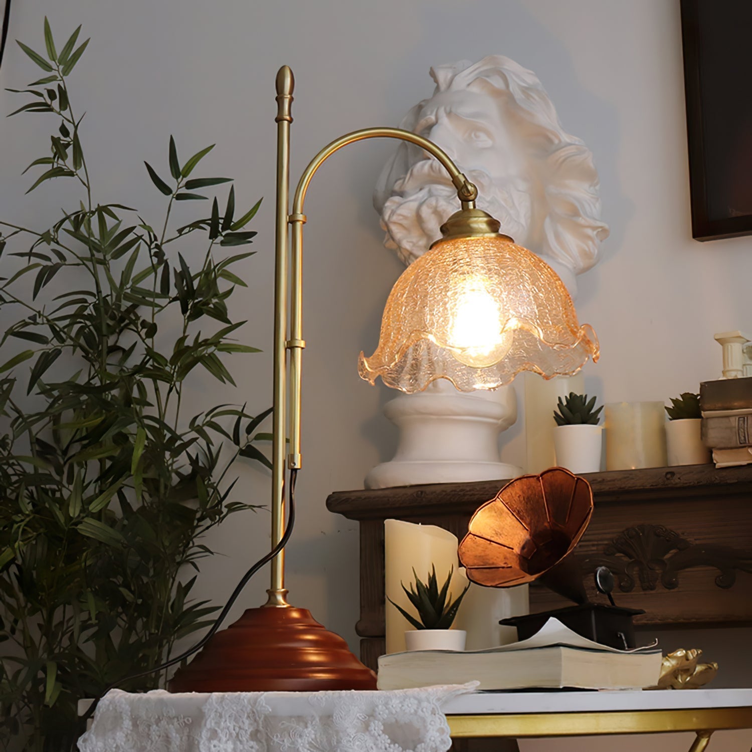 Vintage Table Lamp  Brass Arm With Glass Shade - Product detail 7
