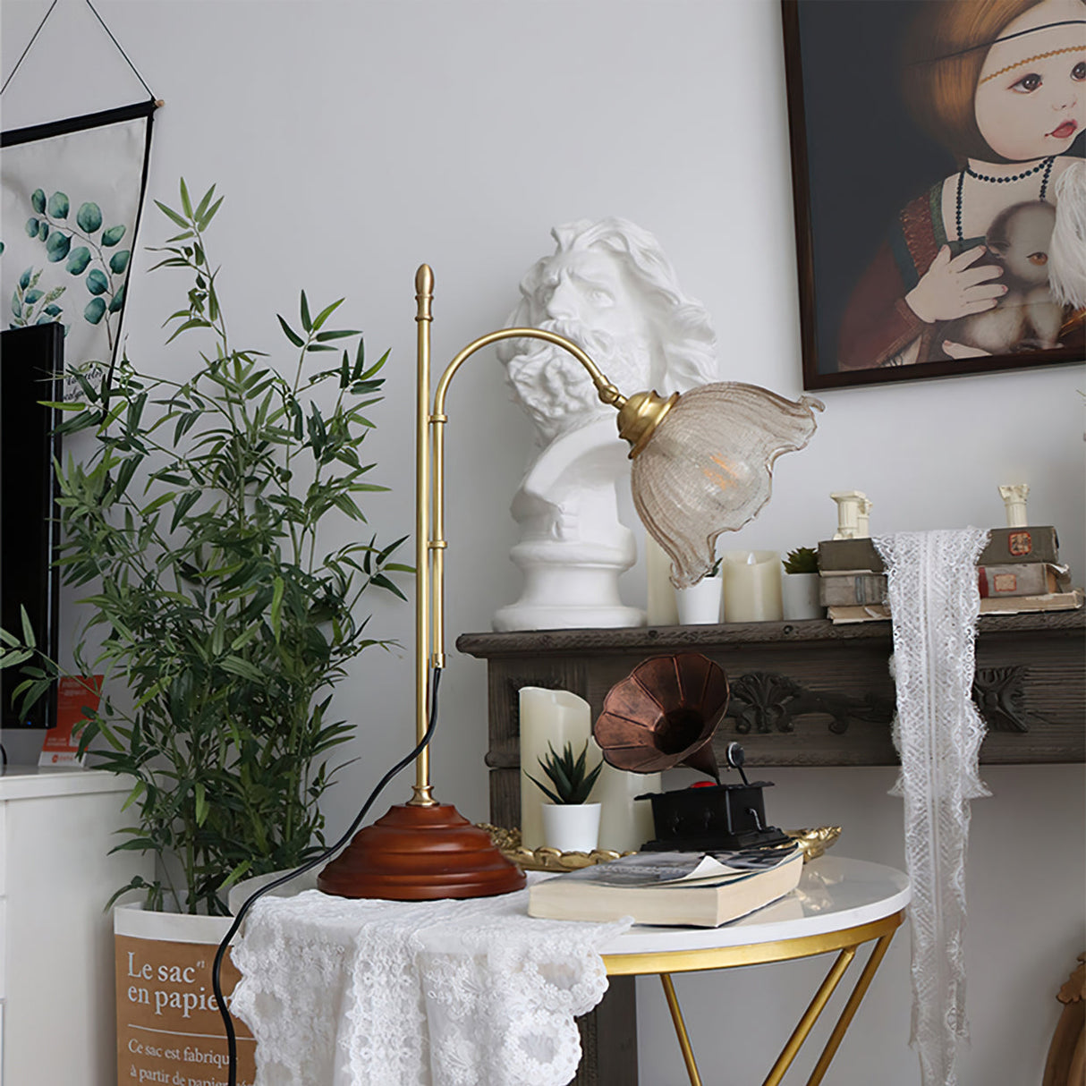 Vintage Table Lamp  Brass Arm With Glass Shade - Product detail 4
