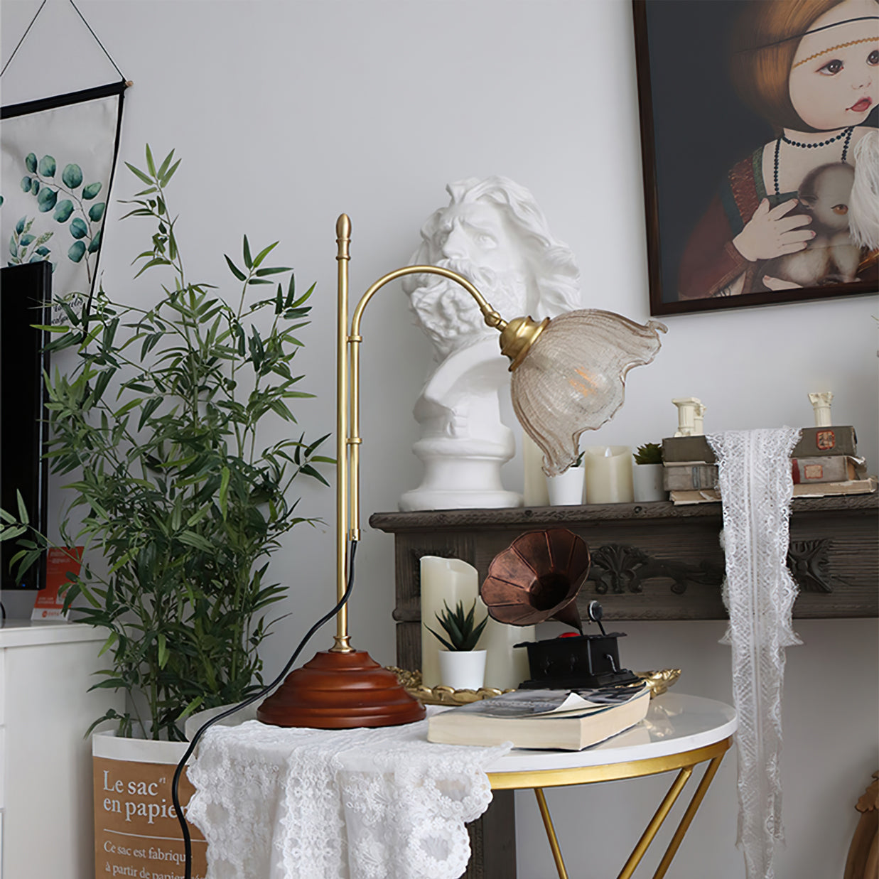 Vintage Table Lamp  Brass Arm With Glass Shade - Product detail 4