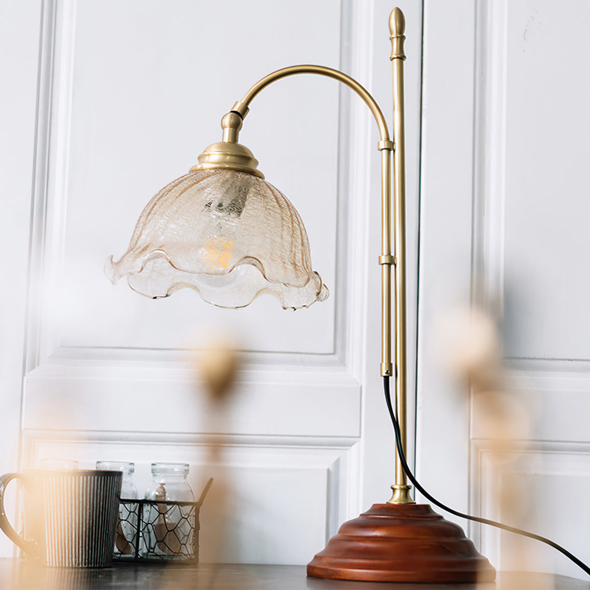 Vintage Table Lamp  Brass Arm With Glass Shade - Product example