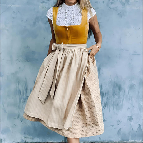 Traditional Dirndl Dress  Orange Bodice with Beige Apron - Product showcase