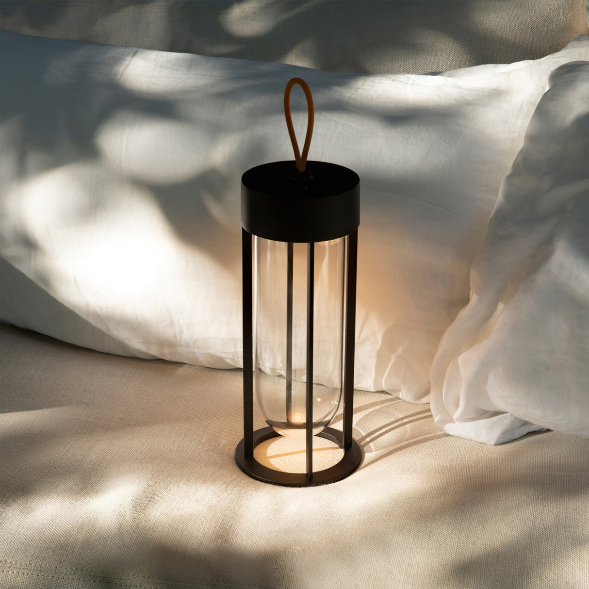 Portable LED Table Lamp  Glass Cylinder Design with Leather Handle - Detailed view