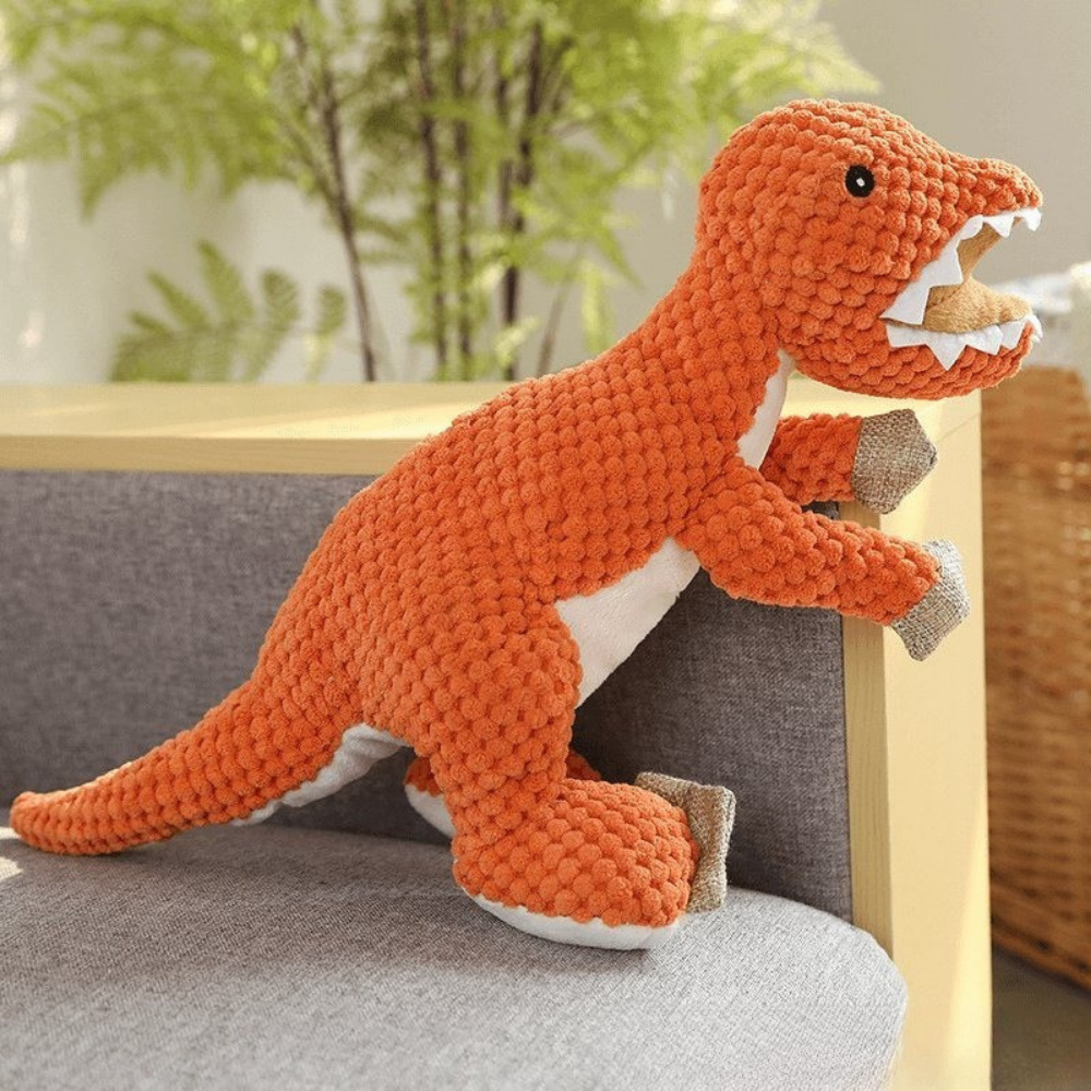 Dinosaur Dog Toy  Orange Textured Plush T-Rex with Squeaker - Product showcase