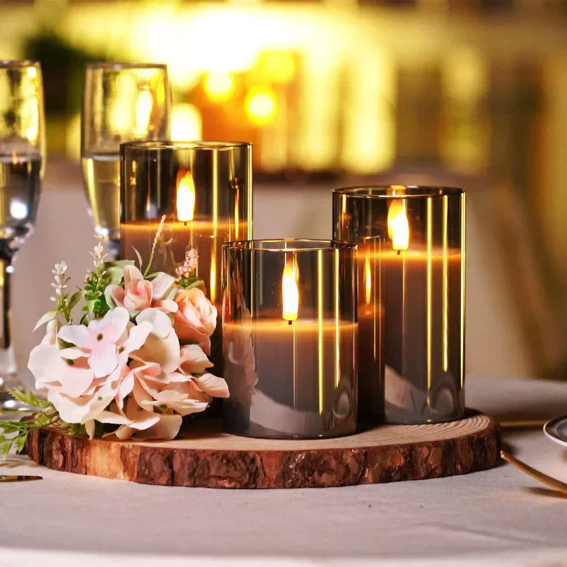 LED Glass Candles Set  Smoke Grey Cylinders with Timer - Product showcase