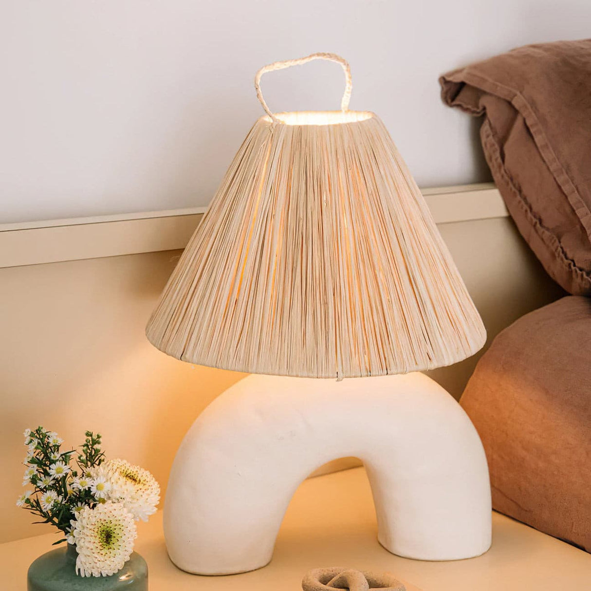 Modern Ceramic Table Lamp  Curved Base with Raffia Shade - Detailed view