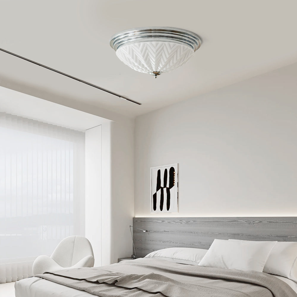 Art Deco Ceiling Light  Chrome Chevron Glass Shade - Detailed view