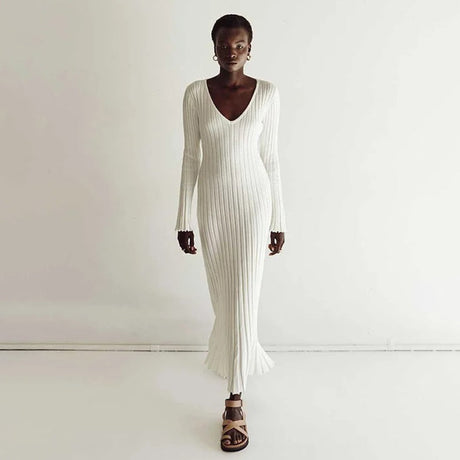 Ribbed Knit Maxi Dress  V-Neck Long Sleeve Design - Product detail 8