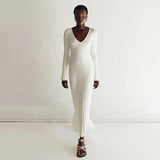 Ribbed Knit Maxi Dress  V-Neck Long Sleeve Design - Product detail 6