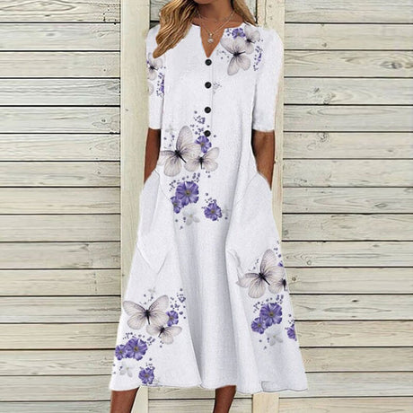 Butterfly Floral Midi Dress  White Cotton Blend With Purple Accents - Product showcase