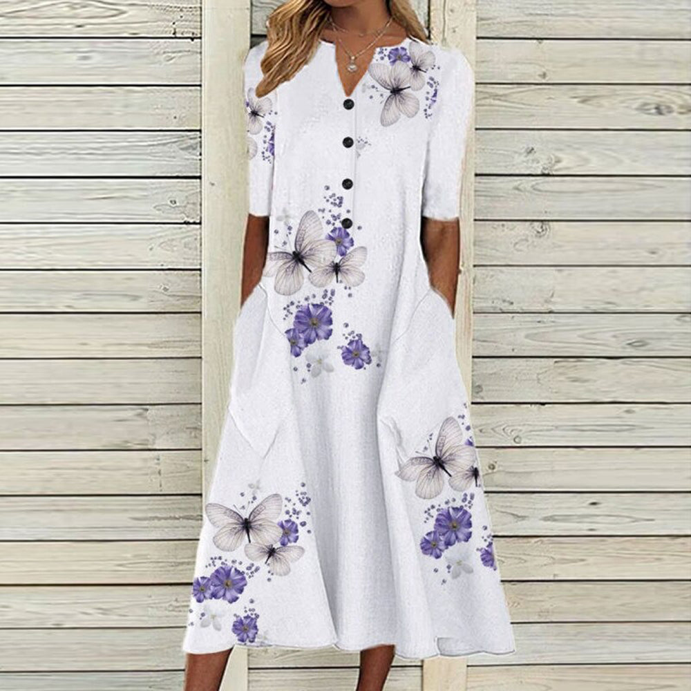 Butterfly Floral Midi Dress  White Cotton Blend With Purple Accents - Product detail 6