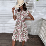 Floral Summer Dress  Pink Rose Pattern With Belt - Product detail 5