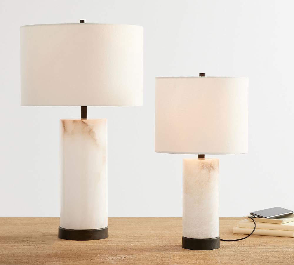Alabaster Table Lamp  White Marble Base with Linen Shade - Product detail 4