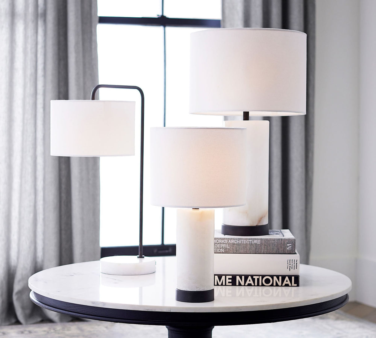 Alabaster Table Lamp  White Marble Base with Linen Shade - Product example