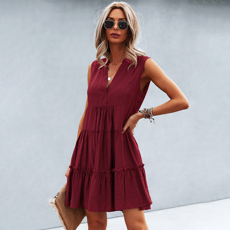 Summer Mini Dress  Tiered Cotton Blend V-Neck Design - Product detail 10