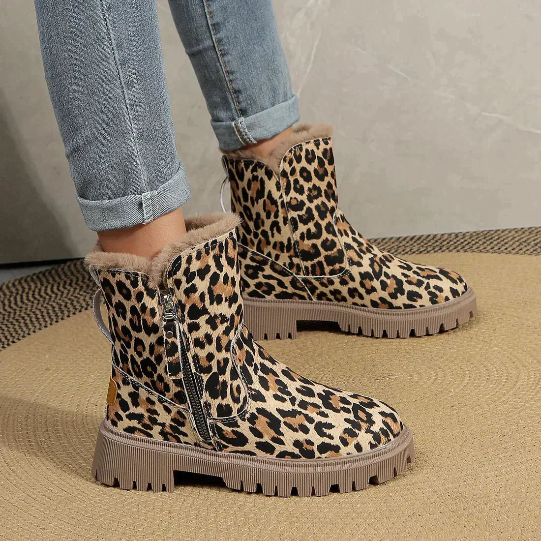 Leopard Print Winter Boots  Fur-Lined Platform Ankle Boots - Detailed view