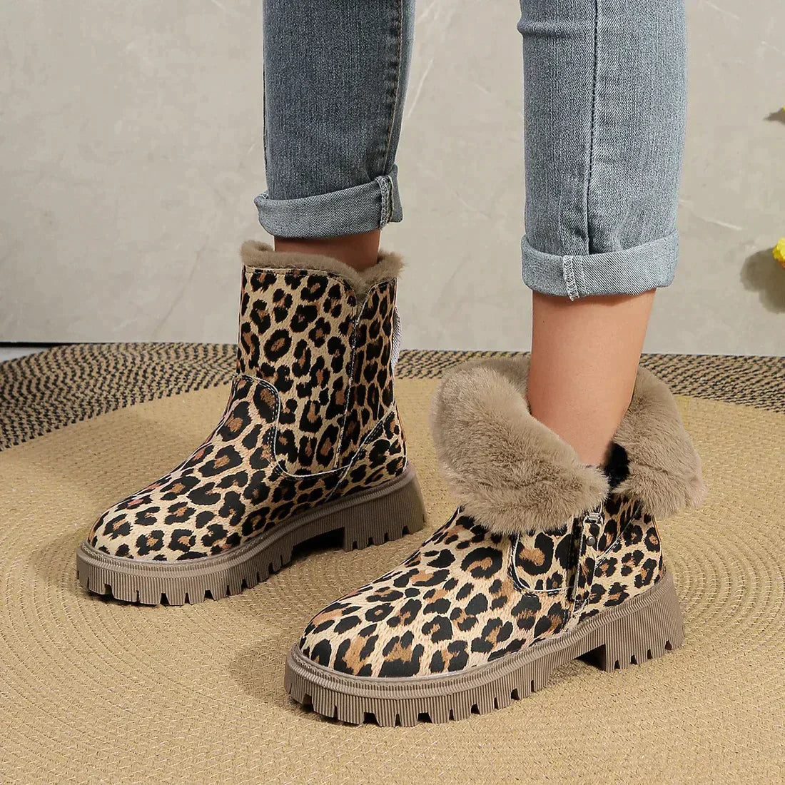 Leopard Print Winter Boots  Fur-Lined Platform Ankle Boots - Product example