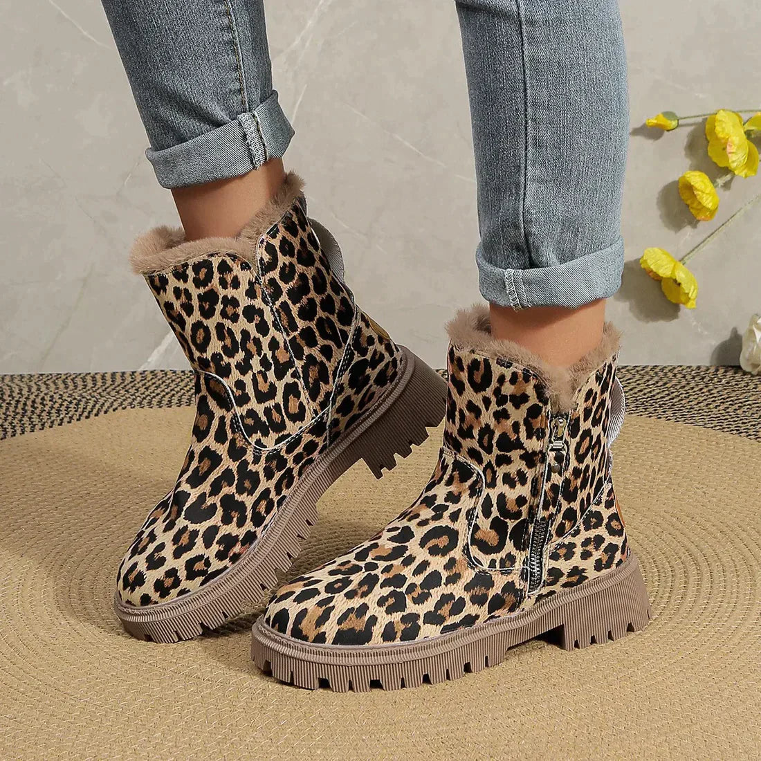 Leopard Print Winter Boots  Fur-Lined Platform Ankle Boots - Product detail 4