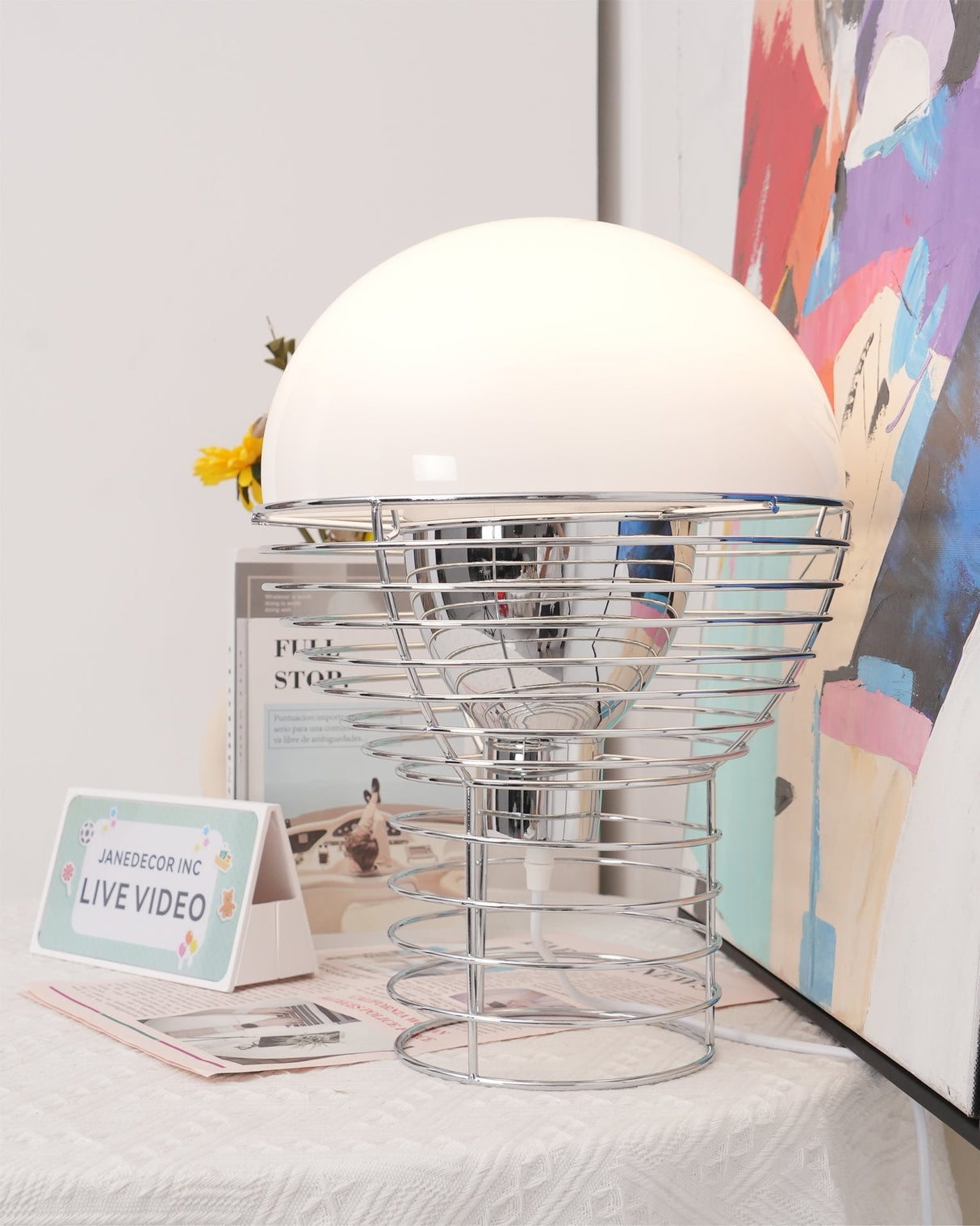 Modern Wire Table Lamp  Chrome Frame White Dome Design - Product detail 6