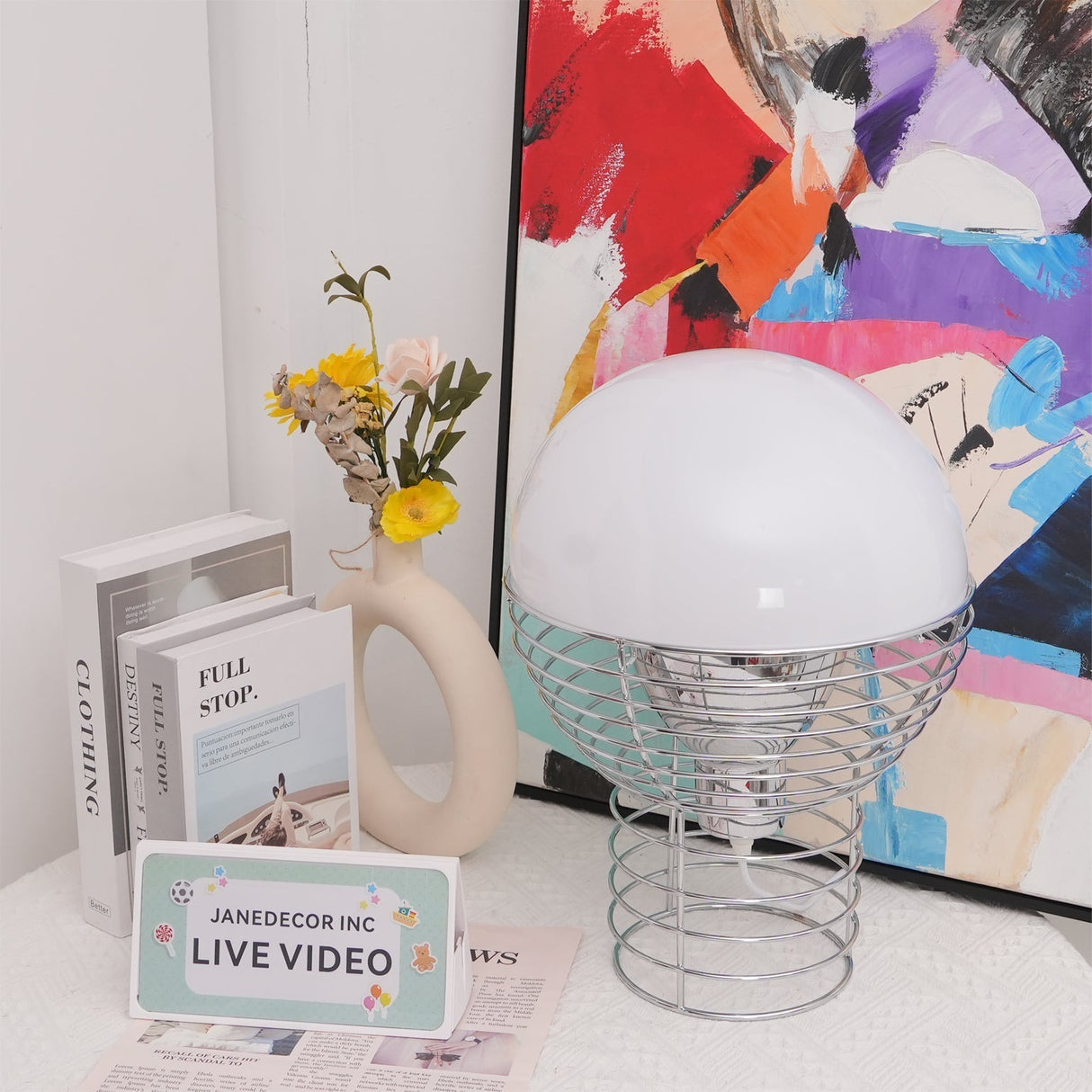 Modern Wire Table Lamp  Chrome Frame White Dome Design - Detailed view