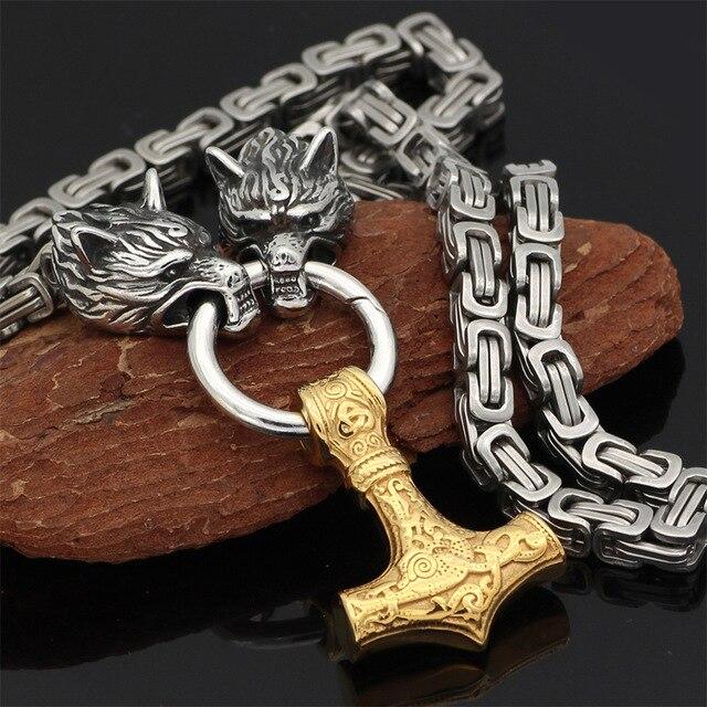 Stainless Steel Wolf Head Necklace  Norse Mjolnir Pendant Chain - Product showcase