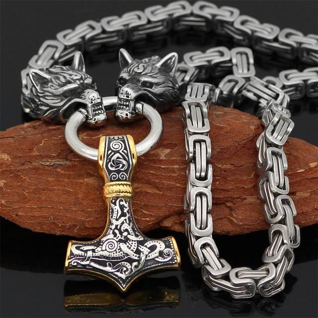 Stainless Steel Wolf Head Necklace  Norse Mjolnir Pendant Chain - Product detail 11