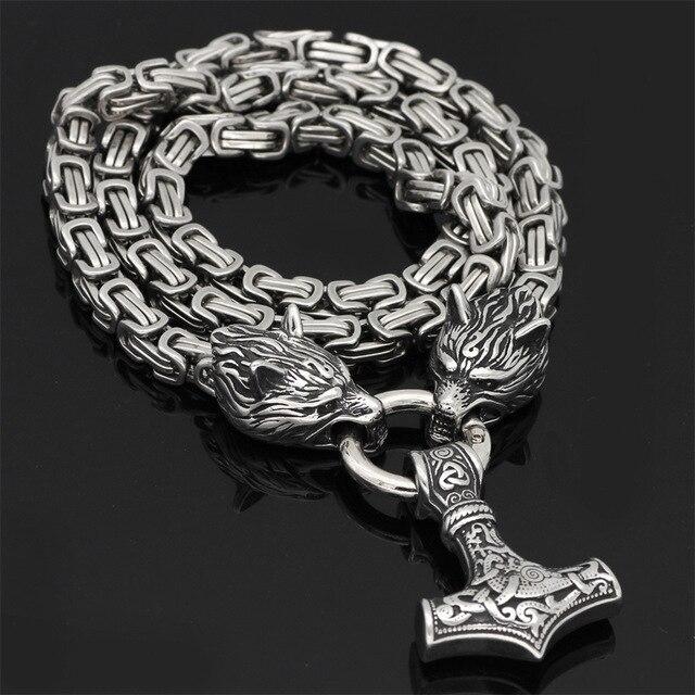 Stainless Steel Wolf Head Necklace  Norse Mjolnir Pendant Chain - Product detail 13