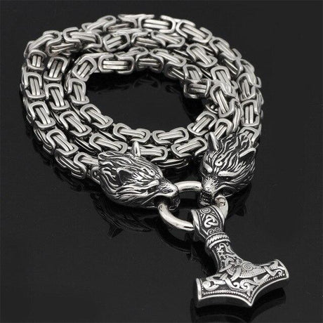 Stainless Steel Wolf Head Necklace  Norse Mjolnir Pendant Chain - Product detail 13