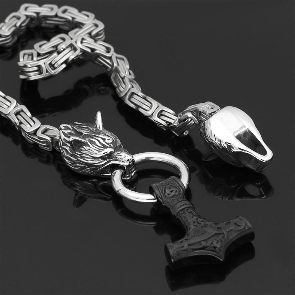Viking Wolf Head Necklace  Stainless Steel Norse Mjolnir Pendant - Detailed view
