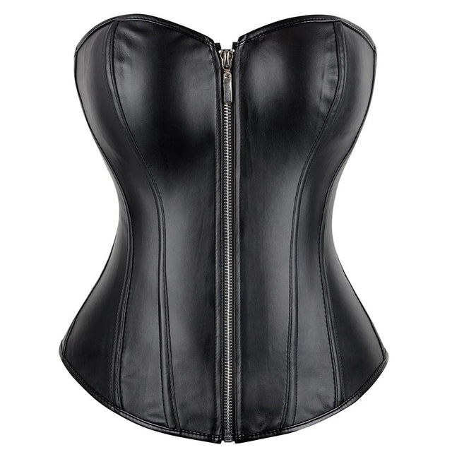 Leather Waist Trainer Corset  Front Zip Overbust Design - Product showcase