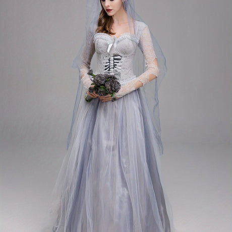 Womens Gothic Corpse Bride Halloween Costume Dress  Lace Maxi Gown - Product showcase