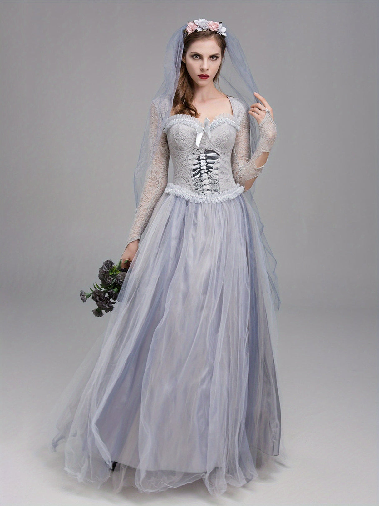 Womens Gothic Corpse Bride Halloween Costume Dress  Lace Maxi Gown - Product detail 4