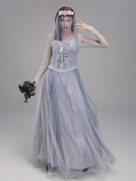 Womens Gothic Corpse Bride Halloween Costume Dress  Lace Maxi Gown - Product detail 5