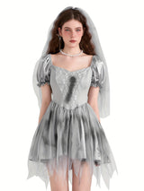Womens Gothic Corpse Bride Halloween Costume Dress  Puff Sleeve Mini Outfit - Product showcase