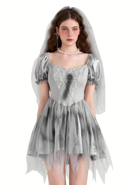 Womens Gothic Corpse Bride Halloween Costume Dress  Puff Sleeve Mini Outfit - Product showcase